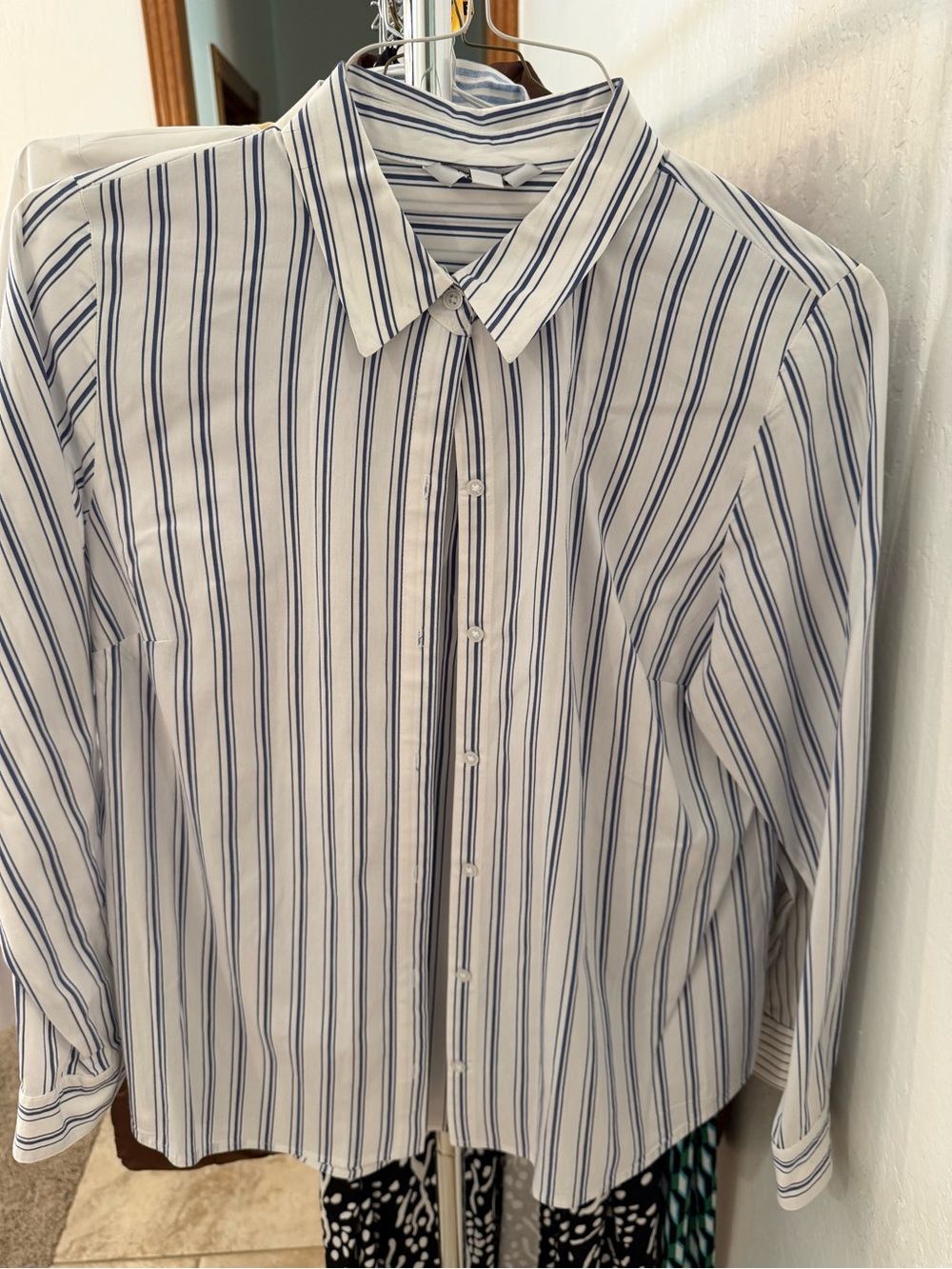 Nine West White Button-Up Shirt with Blue Stripes